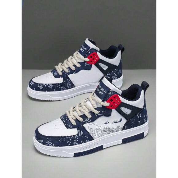 Size 11 men’s sneakers, high-top, strap, random print, flat sole, casual style - Picture 3 of 9